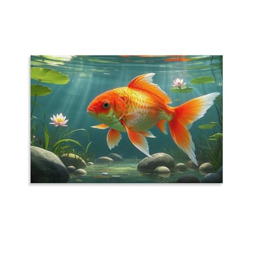 YYVKPMLXC Goldfisch Ölgemälde Auf Leinwand Wasserpflanzen Leinwandkunst Modern Gemälde Geschenk Zum Geburtstag Esszimmer Wohnung Deko 12x18inch(30x45cm) von YYVKPMLXC
