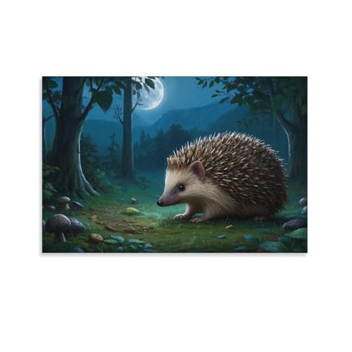 YYVKPMLXC Kleiner Igel Kunstdruck Auf Leinwand Mondnacht Wald Leinwandmalerei Modern Gemälde Schlafzimmer Wohnung Heimdekoration 20x30inch(50x75cm) von YYVKPMLXC