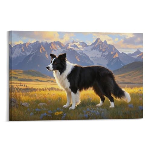 YYVKPMLXC Leinwand Bilder Border Collie Ölgemälde Graslandschaft Leinwandkunst Ästhetisch Gemälde Wohnzimmer Heimdekoration 16x24inch(40x60cm) von YYVKPMLXC