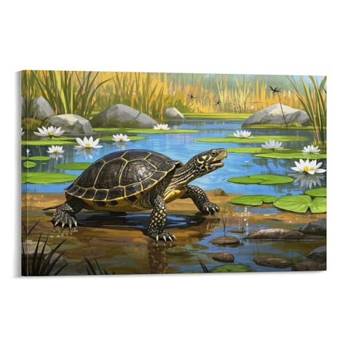 YYVKPMLXC Leinwand Bilder European Pond Schildkröte Ölgemälde Seerosene Leinwandkunst Ästhetisch Gemälde Wohnzimmer Heimdekoration 20x30inch(50x75cm) von YYVKPMLXC