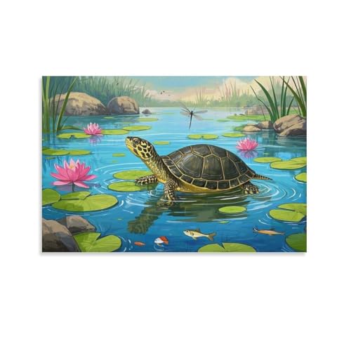 YYVKPMLXC Ölgemälde Auf Leinwand African Sideneck Schildkröte Leinwandkunst Frühlings Lotos Teich Modern Gemälde Painting Home Deko Schlafzimmer Wandbild 16x24inch(40x60cm) von YYVKPMLXC