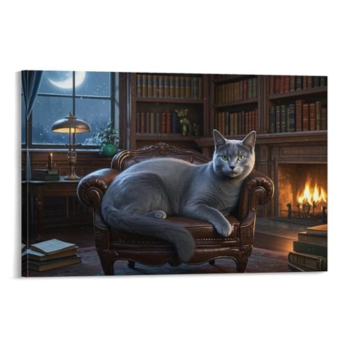 YYVKPMLXC Russische Blaukatze Ölgemälde Auf Leinwand Bücherregal Leinwandmalerei Ästhetisch Gemälde Geschenk Zum Geburtstag Esszimmer Wandkunst 12x18inch(30x45cm) von YYVKPMLXC