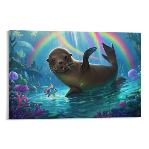 YYVKPMLXC Seehund Ölgemälde Auf Leinwand Tropisches Ozean Leinwandkunst Modern Gemälde Home Deko Esszimmer Kunstwerk Für Badezimmer Büro 16x24inch(40x60cm) von YYVKPMLXC