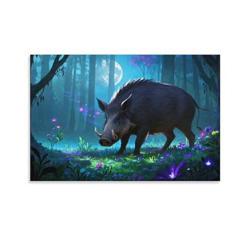 YYVKPMLXC Wildschwein Ölgemälde Auf Leinwand Mondlichtwald Leinwandkunst Modern Gemälde Home Deko Esszimmer Kunstwerk Für Badezimmer Büro 12x18inch(30x45cm) von YYVKPMLXC