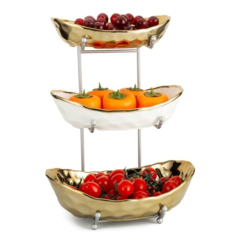 Obstschale für Küchentheke, 3-stöckige Keramik-Servierschalen mit Metallständer, gestufter Obstkorb für Obstgemüse, Snacks, Brot, Süßigkeiten, Nüsse, Kuchen, Dessert (Gold) von YYW