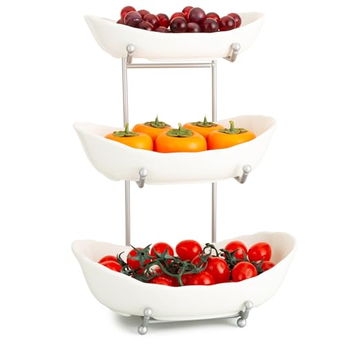 Obstschale für Küchentheke, 3-stöckige Keramik-Servierschalen mit Metallständer, gestufter Obstkorb für Obstgemüse, Snacks, Brot, Süßigkeiten, Nüsse, Kuchen, Dessert (weiß) von YYW