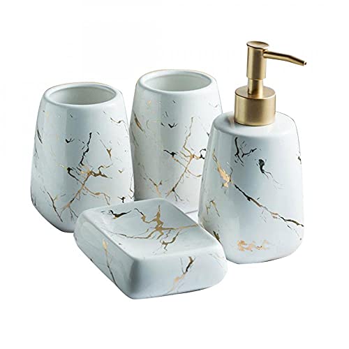 YYW Keramik Badezimmer Sets, 3/4/5 Stück Moderne Luxus Accessoires Set Marmor Muster Zubehör für Haus, Wohnung, Schlafsaal (Helles Weiß 4-teilig), Einheitsgröße von YYW