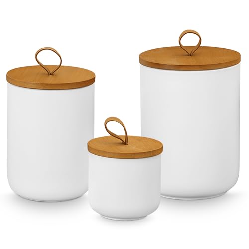 YYW Keramikdosen mit luftdichtem Bambusdeckel für die Küchentheke, zum Servieren von gemahlenem Kaffee, Tee, Kräutern, Getreide, Zucker, Salz, 3 Stück (Weiß, 3 Stück (24 ml, 27 ml, 125 ml)) von YYW