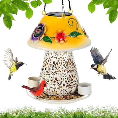 Pilz Solar Vogelfutterspender für Draußen Hängend Metall Wildvogel Futterspender Gartenlaterne mit S-Haken für Gartendekoration Gelb von YYWMWM