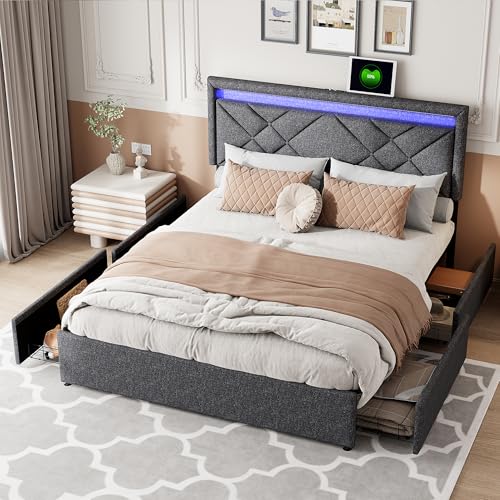 Schubladenbett, 160 x 200 cm, Kopfteil mit LED-Beleuchtung und USB-Aufladung, Doppelbett mit 4 Schubladen, Bett für Erwachsene mit Lattenrost, einfache Montage, Leinen, ohne Matratze,dunkelgrau Schubladenbett, 160 x 200 cm, Kopfteil mit LED-Beleuchtung und USB-Aufladung, Doppelbett mit 4 Schubladen, Bett für Erwachsene mit Lattenrost, einfache Montage, Leinen, ohne Matratze,dunkelgrau von YYXLDYNB