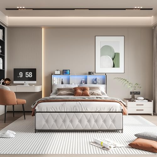 YYXLDYNB Doppelbett, gepolstert, 180 x 200 cm, Samt, Bett mit 2 integrierten USB, LED-Bett mit 4 Aufbewahrungsschubladen, Nachttisch mit RGB-Lichtstreifen, einfach zu montieren, ohne Matratze, Beige von YYXLDYNB