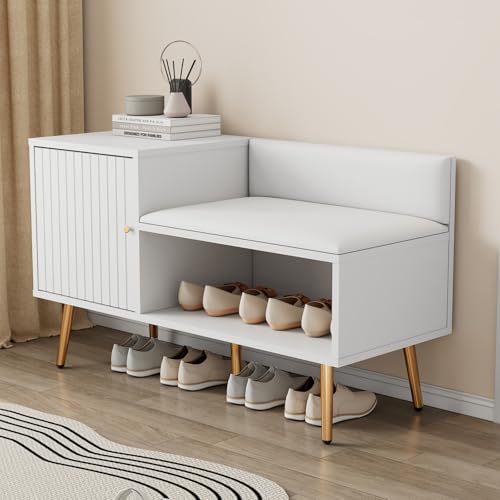 YYXLDYNB Moderne Schuhtruhe in Weiß mit Stauraum, gepolsterter Sitzbank und Rückenlehne - Schuhregal mit Metallgriffen und Metallbeinen - für den Eingangsbereich - Maße: B100/T40/H58 cm von YYXLDYNB