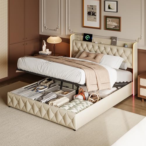 YYXLDYNB Polsterbett, Doppelbett, 160 x 200 cm, hydraulisches Bett mit LED und Ladefunktion, USB & Typ-C, Bettgestell mit Lattenrost, Samt, Beige (ohne Matratze) von YYXLDYNB