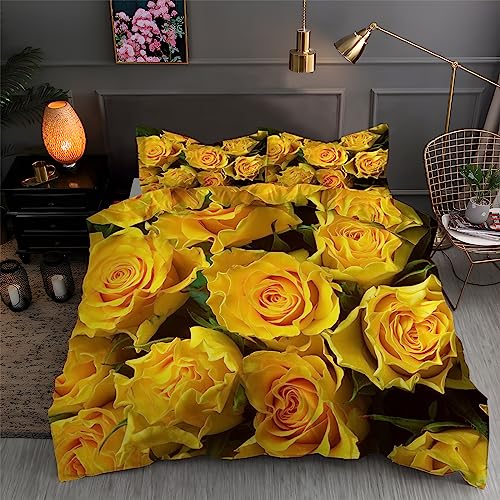 BettwäSche 135x200 Gelb Bettbezug Set 3 Teilig Rosen Flauschig BettbezüGe und 2 Kissenbezug 80x80, Allergiker BettwäSche-Sets Weiche Microfaser mit ReißVerschluss von YYZBS