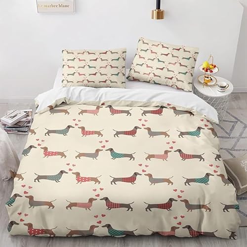 BettwäSche 200x220 Hellgelb Bettbezug Set 3 Teilig Cartoon-Dackel Flauschig BettbezüGe und 2 Kissenbezug 80x80, Allergiker BettwäSche-Sets Weiche Microfaser mit ReißVerschluss von YYZBS
