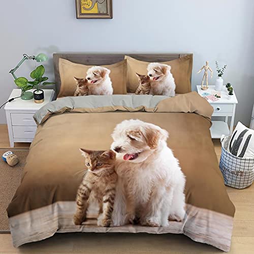 YYZBS BettwäSche 135x200 braune Katze und Hund Warme Mikrofaser BettwäSche-Sets,Mit ReißVerschluss BettwäSche 135x200 ​Und 2 Kissenbezug 80x80，Geeignet FüR Erwachsene Und Kinder von YYZBS