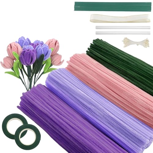 YYZGGLING 400 Stück Rohrreiniger Basteln Mit 20 Stück Blumendraht Mit Band Gartenarbeit Band Für DIY Blumen Machen Kits (Violett) von YYZGGLING