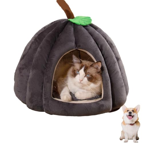 2025 Katzenhöhle in niedlicher Kürbisform, gemütliches Kürbis-Katzenbett mit abnehmbarem Kissen, warmes Höhlennest, Schlafbett für Indoor-Katzen und kleine Hunde, Halloween-Haustierzelt (Grau, M) von YZBBSH