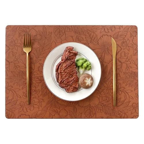YZDKR 1 stück Rechteck Geschnitzte Blume Leder Tischset Hotel Home Kreative PU Pad Esstisch Dekor Matte rutschfeste Untersetzer für Home Kitchen Restaurant(Brown) von YZDKR