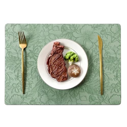 YZDKR 1 stück Rechteck Geschnitzte Blume Leder Tischset Hotel Home Kreative PU Pad Esstisch Dekor Matte rutschfeste Untersetzer für Home Kitchen Restaurant(Green) von YZDKR