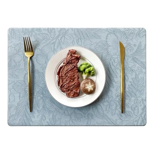 YZDKR 1 stück Rechteck Geschnitzte Blume Leder Tischset Hotel Home Kreative PU Pad Esstisch Dekor Matte rutschfeste Untersetzer für Home Kitchen Restaurant(Light Blue) von YZDKR