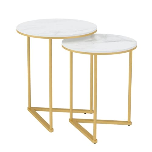 YZDKR 2 STK Marmor Stein Rund Nesting Sofa Seite Ende Tisch mit Gold Metall Rahmen Couchtisch für Wohnzimmer und Büro von YZDKR