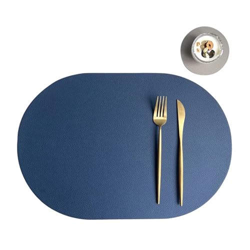 YZDKR 2-teiliges rundes Tischset und Untersetzer-Set aus PU-Leder, Isoliermatte, ölbeständig, wasserdicht, beidseitig verwendbar für Home Kitchen Restaurant(Blue Gray 2,Round32cm and 10cm) von YZDKR