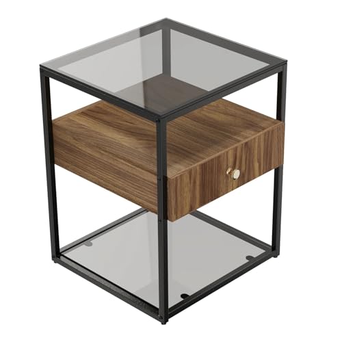 YZDKR Beistelltisch aus gehärtetem Glas, Nachttisch, mit Schublade und Ablage, Dekoration im Wohnzimmer, Stabiler Stahlrahmen für Wohnzimmer und Büro von YZDKR