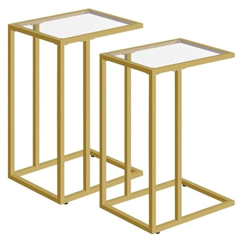 YZDKR C-förmiger Beistelltisch, 2er-Set, Snack-Beistelltische aus gehärtetem Glas mit Metallrahmen, TV-Tablett-Schreibtisch for kleine Räume, Sofa, Couch und Bett für Wohnzimmer und Büro(Gold-2) von YZDKR