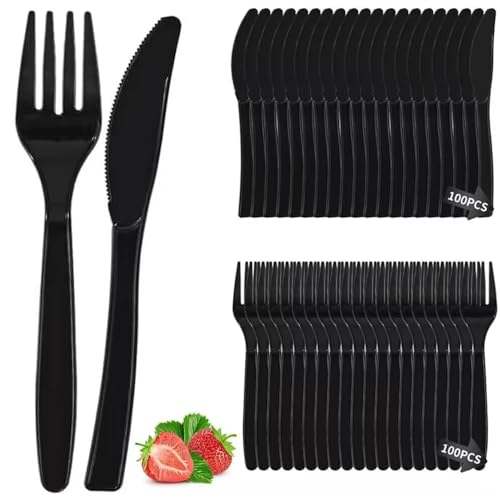 Plastikbesteck, 200 Stück Plastikbesteck Set, Party Besteck Plastik 100 Plastikmesser & 100 Gabeln Wiederverwendbaren Plastikbesteck für Familienfeiern Outdoor Dinner(schwarz) von YZDZSW