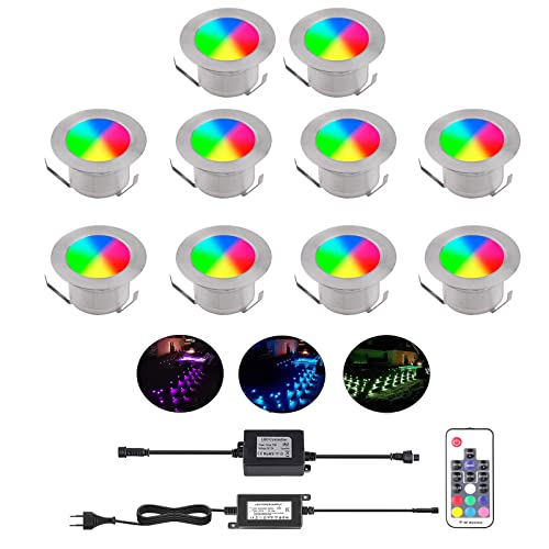 YZGWZLD Terrassen Einbaustrahler Terrassenbeleuchtung RGB 10er Set LED Bodeneinbaustrahler IP67 wasserdicht für außen innen Garten Holzbrücke Pool Holzdeck inkl. 12V Netzteil mini Einbauspots von YZGWZLD