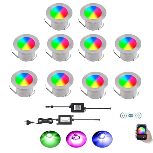 YZGWZLD WIFI Terrassen Einbaustrahler Terrassenbeleuchtung 10er Set LED Bodeneinbaustrahler RGB IP67 wasserdicht für außen innen Garten Holzbrücke Pool Holzdeck inkl. 12V Netzteil mini Einbauspots von YZGWZLD