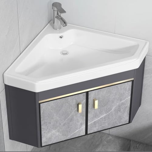 Eck-Wandschrank mit Waschbecken und Spiegelschrank, schwebendes Keramikwaschbecken fürs Badezimmer, Waschstation mit Aufbewahrungsbehälter, platzsparendes Aluminiummaterial(Sink cabinet,56CM/22IN) von YZJJ