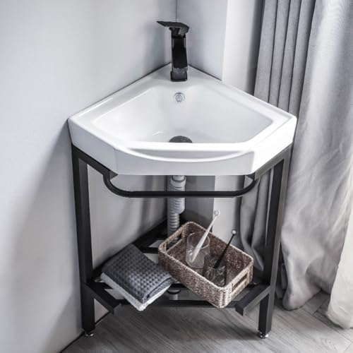 Eckwaschbecken aus Keramik für Badezimmer, Waschtischkonsole, Waschwannenstation, Freistehendes Handwaschbecken, rechteckiges Porzellanwaschbecken mit Metallbeinen, Standwaschbecken, Ablageregal(43CM/ Eckwaschbecken aus Keramik für Badezimmer, Waschtischkonsole, Waschwannenstation, Freistehendes Handwaschbecken, rechteckiges Porzellanwaschbecken mit Metallbeinen, Standwaschbecken, Ablageregal(43CM/ von YZJJ
