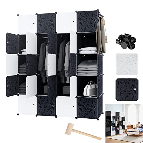 YZNAHRE 20 Würfel Kleiderschrank aus Kunststoff mit Muster Tür und Haken, DIY Regalsystem Steckregal Garderobenschrank Steckregalsystem Schuhregal Kunststoffschrank, Schwarz & Weiss von YZNAHRE