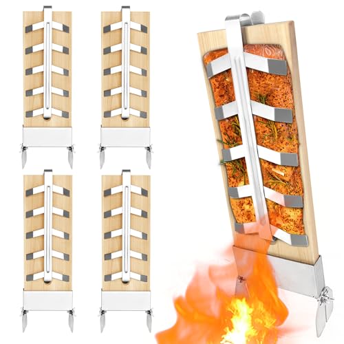 YZNAHRE 4er Flammlachsbretter mit Neigbare Edelstahl Halterung, Tanne Holz Lachsbretter Flammlachsbrett Flammlachs Lachsbretter Flammlachs Brett für Outdoor Camping Feuerschale Kugelgrill von YZNAHRE