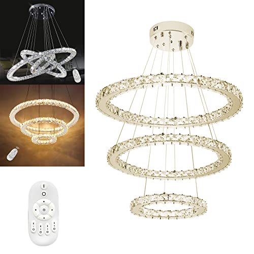 YZNAHRE 72W LED Kristall Kronleuchter, Moderne 3 Ringe Kristall Deckenleuchte Pendelleuchte Dimmbar Edelstahl Hängelampe Hängeleuchte für Schlafzimmer Wohnzimmer Esszimmer (Φ: 20cm+40cm+60cm) von YZNAHRE