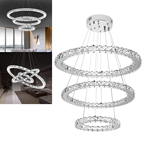 YZNAHRE 72W LED Kristall Kronleuchter, Moderne 3 Ringe Kristall Deckenleuchte Pendelleuchte Kaltweiß Edelstahl Hängelampe Hängeleuchte für Schlafzimmer Wohnzimmer Esszimmer (Φ: 20cm+40cm+60cm) von YZNAHRE