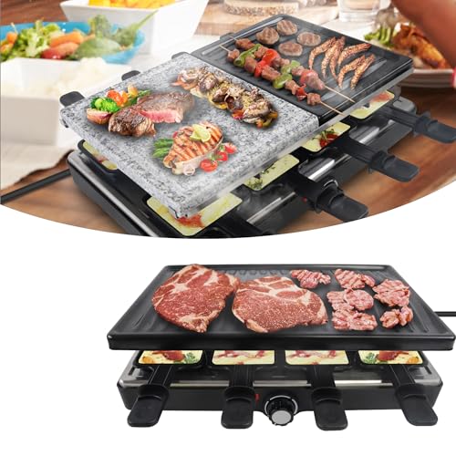 YZNAHRE Raclette Grill für 8 Personen, Elektrischer Tischgrill 1400W, Antihaft-Racletteplatte, inkl. 8 Pfännchen, Holzspachtel, 2 Granitplatten von YZNAHRE