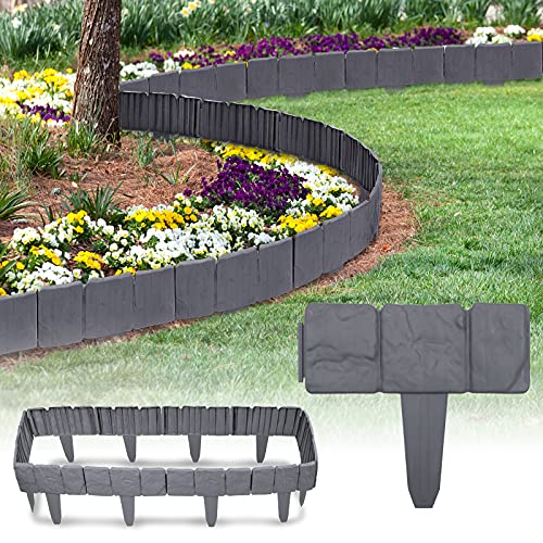Yznahre 20 m Rasenkante in Steinoptik Anthrazit Beetumrandung Mähkante Randsteine Beeteinfassung Gartenzaun aus Kunststoff, 1 Element (L x H): 25 x 23 cm, 80 Stücke von YZNAHRE