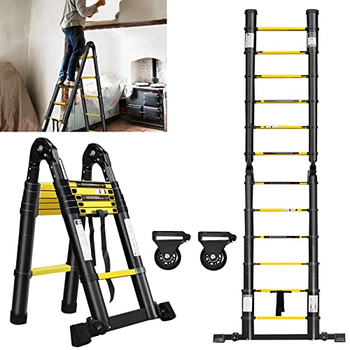 Yznahre 3.8m Teleskopleiter Klappleiter Multifunktionsleiter Ausziehleiter aus Aluminium Ausziehbare Leiter Anlegeleiter Stehleiter Faltbar Aluleiter Mehrzweckleiter Tragbar, max. 150 KG, Schwarz von YZNAHRE