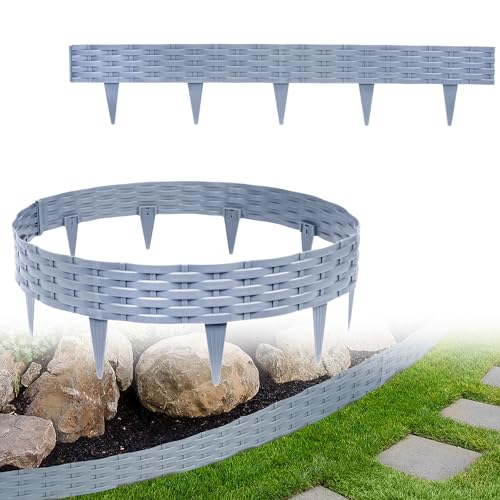Yznahre Beetumrandungen Rasenkante Rattan-Optik, 10M Beeteinfassung Zaun Gartenpalisade Mähkante Flexible Garten Rasenkanten aus Kunststoff 20 cm Hoch, Grau (10 x 100cm) von YZNAHRE