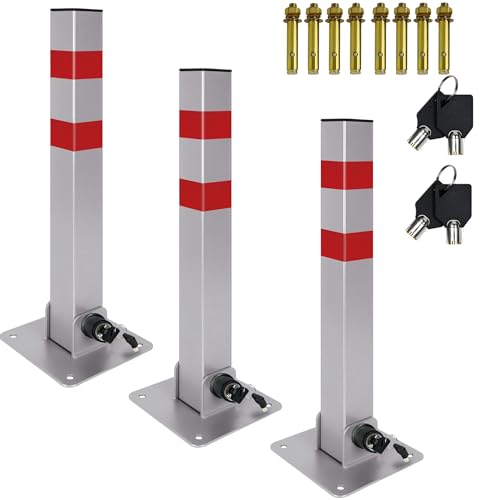 Yznahre Parkpfosten - Klappbar Parkplatzsperre Absperrpfosten Park Poller Sperrpfosten aus Stahl, Klappbar Parkplatzsperren mit Schlüssel und Reflexstreifen 60cm, 3 Stück von YZNAHRE