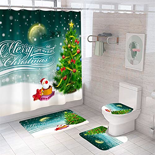 duschvorhang Weihnachten， badematten Set 4teilig（Duschvorhang, Rutschfester Teppich, Toilettendeckel und Badematte） Wasserdichter Duschvorhang mit 12 Haken Badezimmerset zu Weihnachten Style 10 von YZNCHONG