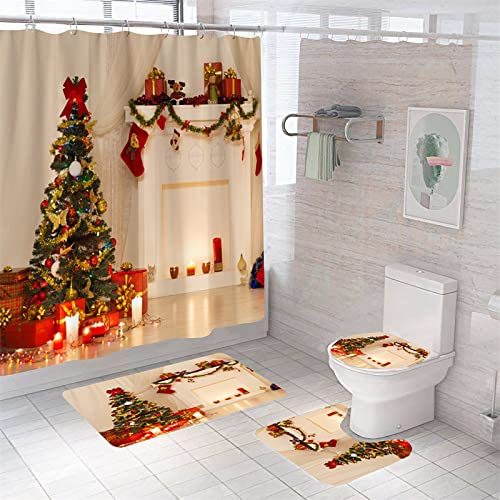 duschvorhang Weihnachten， badematten Set 4teilig（Duschvorhang, Rutschfester Teppich, Toilettendeckel und Badematte） Wasserdichter Duschvorhang mit 12 Haken Badezimmerset zu Weihnachten Style 11 von YZNCHONG