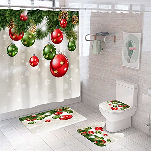 duschvorhang Weihnachten， badematten Set 4teilig（Duschvorhang, Rutschfester Teppich, Toilettendeckel und Badematte） Wasserdichter Duschvorhang mit 12 Haken Badezimmerset zu Weihnachten Style 17 von YZNCHONG