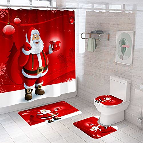 duschvorhang Weihnachten， badematten Set 4teilig（Duschvorhang, Rutschfester Teppich, Toilettendeckel und Badematte） Wasserdichter Duschvorhang mit 12 Haken Badezimmerset zu WeihnachtenStyle 1 von YZNCHONG