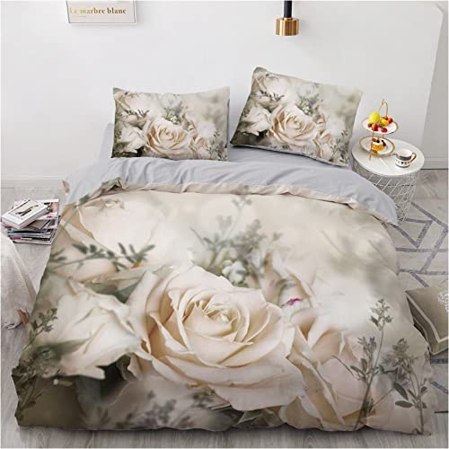 Bettwäsche 220x240 WeißE Rose Muster 3D Drucken Bettbezug Set Bettgarnitur mit Verdeckter Reißverschluss Bettbezug Aus Mikrofase Suitable Adults + 2 KissenbezüGe 80x80cm von YZQGLHP