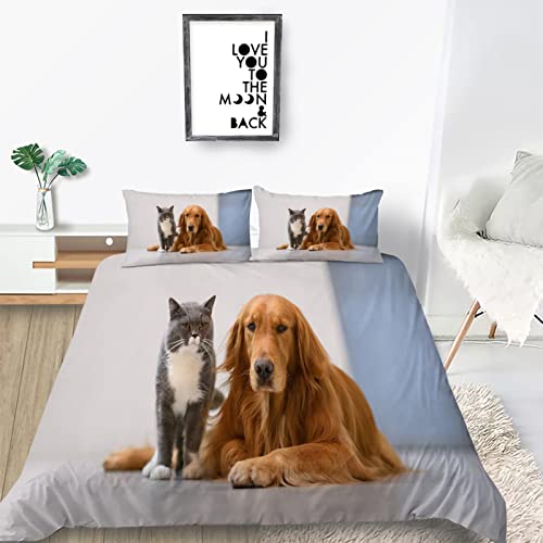 Bettwäsche Set 200x220 cm Katze Und Hund Bettbezug Microfaser 3D Bettwäscheset Jugendliche Blau Weiß Deckenbezug King Size 3 Teilig Modern Luxus Bettgarnitur Paare Set Reißverschluss von YZQGLHP