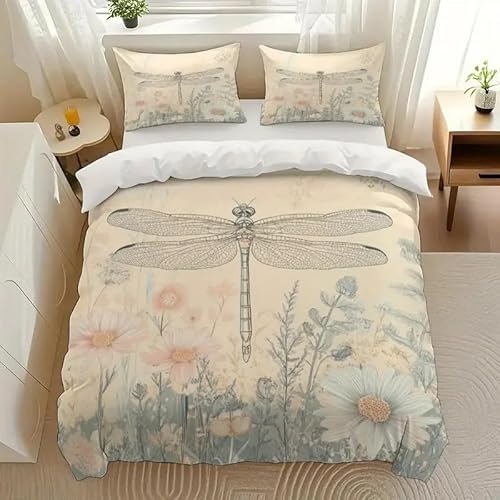 YZQGLHP Bettbezüge 135x200 Libelle Bettwaesche Blumen Bettbezug Mikrofaser 3teilig Bettwäsche Weich Atmungsaktiv und 2 Kissenbezüge 80x80 cm mit Reißverschluss von YZQGLHP